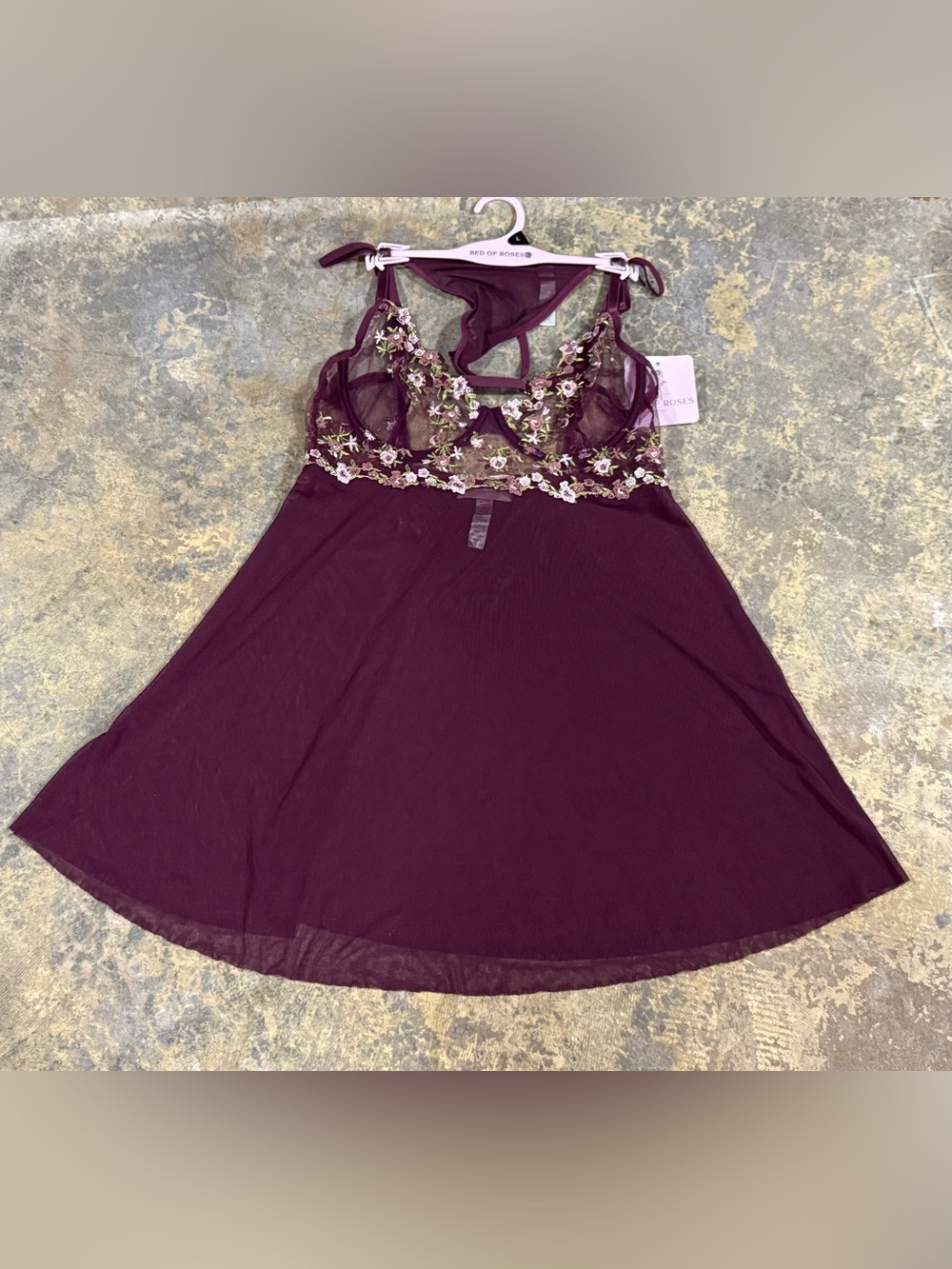 Bed of Roses Women’s L Plum Floral Embroidered Sheer Chemise NWT